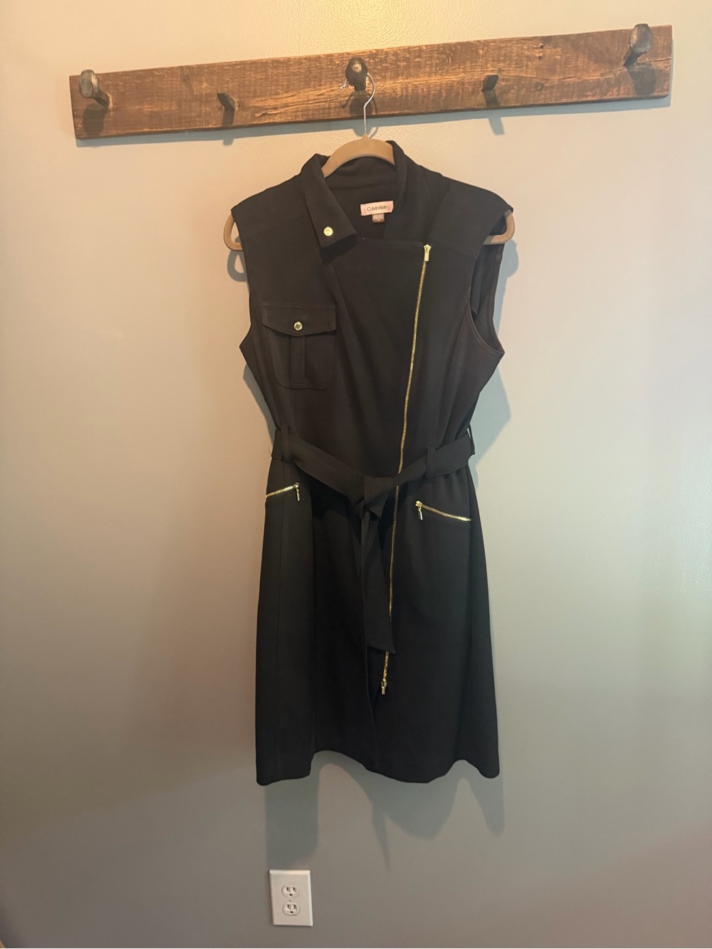 Calvin Klein Black Sleeveless Mini Dress with Gold Zippers and Belt